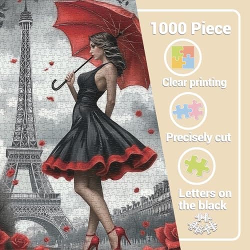 Paris Flower Woman with Umbrella Puzzles for Adults 1000 Pieces, Eiffel Tower Beautiful Girl Jigsaw Puzzles, Challenging Retro Art Puzzles - Thumbnail 4