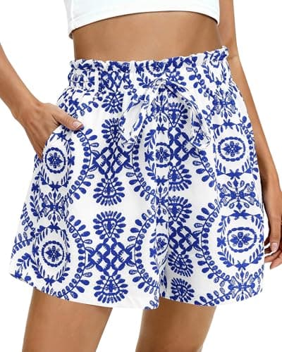 BTFBM Womens Shorts Dressy Casual Summer Spring Outfits 2026 Floral High Waist Wide Leg Loose Boho Vacation Beach Shorts(Blue, X-Large) - Image 1