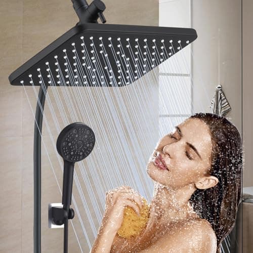 GAOZHIBST 12 Inch Rain Shower Head High Pressure Dual Shower Heads Rainfall Showerhead with 9 Sprays Handheld Spray Combo & 70"Long Fixed Showerheads Hose, Matte Black Bathroom Accessories - Thumbnail 6
