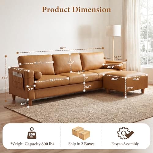 Vesgantti 100" L Shaped Faux Leather Couch with Movable Ottoman, 3 Seater PU Leather Sectional Sofa with Side Pocket, Mid Century Modern Modular Couch for Living Room, Bedroom, Cognac Tan - Thumbnail 2