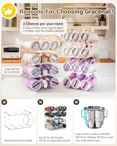 Gracenal Water Bottle Organizer Holder for Stanley Cup Accessories, Fridge Kitchen Cabinet Organizer and Storage for Meoky 40 oz Tumbler with Handle, Stackable Plastic Travel Mug Cup Rack Gifts, 3Pack - Thumbnail 4