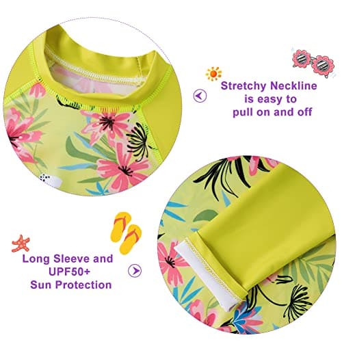 Funnycokid Girls Rash Guard Swimsuit Size 6 Floral Yellow Hawaiian Long Sleeve Bathing Suit 2 Piece Floral Swimwear Rash Guard Set Kid 6-7 Years - Thumbnail 3