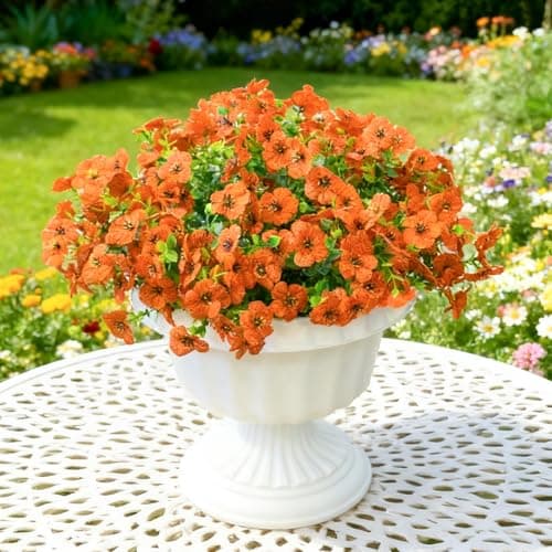 Artificial Flowers for Outdoor Indoor Garden Home Decoration, 12 Bundles Faux Flower Mums with Eucalyptus Leaves Realistic Faux Plants, Spring Decor for Porch Patio Balcony Planter Yard(Orange)