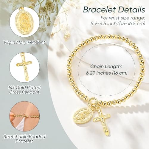 Goxygen Cross Virgin Mary Beaded Bracelet -14K Gold Plated Copper Stretch Bracelet, Dainty Elastic Bead Chain Gift for Her, Religious Jewelry for Baptism Confirmation Catholic（to My Godmother-Gold） - Thumbnail 4