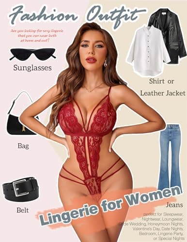 Avidlove Women Deep V Lingerie Teddy One Piece Bodysuit Lace Babydoll Bodysuit Lingerie Wine Red M - Thumbnail 5