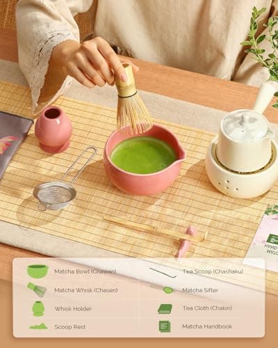Maestri House Pink Matcha Whisk Set, 7-Pc Complete Matcha Kit with Spouted Ceramic Bowl, Bamboo Whisk and Holder, Scoop, Spoon Rest & Sifter, Tea Cloth – Ideal Gift for Matcha Lovers (Pink) - Thumbnail 2