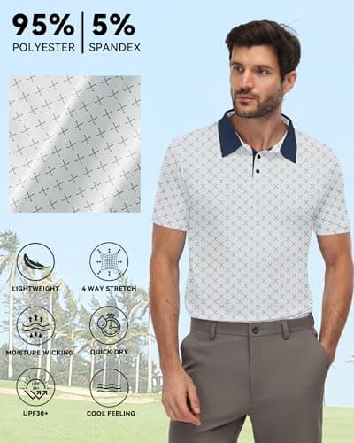KUYIGO Mens Golf Polo Shirts Moisture Wicking Performance Short Sleeve Collared Shirt Casual Print Golf Shirts XL Print White - Thumbnail 5