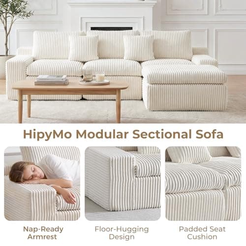 HipyMo 105" L-Shaped Boneless Cloud Couch, Modular Sectional Sofa with Ottoman and Extra-Wide Armrests, Deep Seat Sectional Couches for Living Room, High-Density Foam, No Assembly Required, Beige - Thumbnail 3