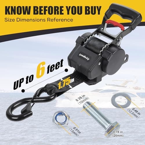 Ayaport Boat Retractable Tie Down Straps to Trailer 1.75in x 6ft Bolt-on Transom Tie Downs - 4400lbs Break Strength, Heavy Duty Boat Trailer Ratchet Straps 2pk - Thumbnail 5