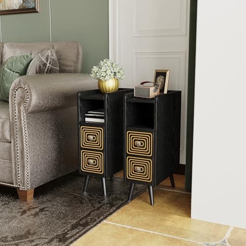 ALWXIA Nightstand Set of 2,Wooden Nightstand with Double Drawers and Open Storage Compartments,Carved Craft,Suitable for Bedroom,Living Room,Guest Room (Narrow nightstand-Black-03, 2 Packs) - Image 1