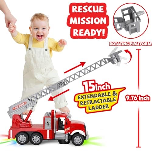 Toddler Boy Toys, Fire Trucks for Toddlers 3-5, Lights Music Toy Cars with 1 Rotating Extend Ladder, Firetrucks with 2 Opening Doors, Baby Toys for 3 4 5 6 Year Old Boy, Kids Christmas Birthday Gift - Thumbnail 3