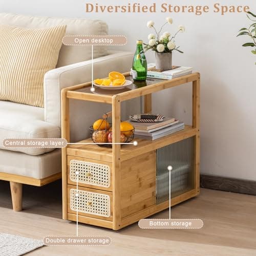 SOBIBO Bamboo Side Table Nightstand with Rattan Drawer & Glass Top – Multi-Function End Table, Nightstands with Storage for Bedroom, Living Room, and Small Spaces, Nature - Thumbnail 6