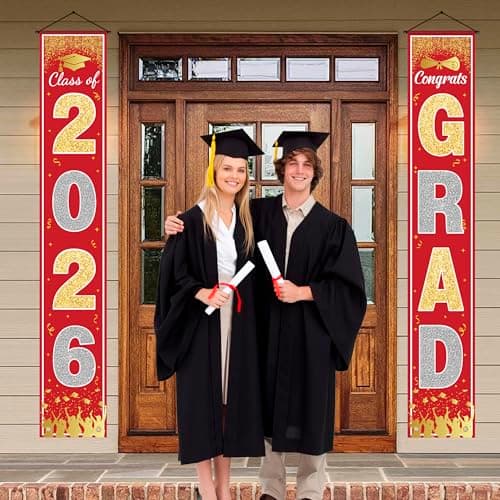 OHOME Graduation Decorations 2026 - Red Gold Congrats Grad Porch Banner for Graduation Party Decorations - Class of 2026 - Party Favors Supplies Backdrop Yard Signs Decor (Red) - Thumbnail 2