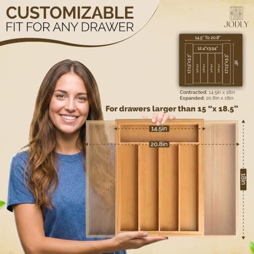 JODLY Bamboo Kitchen Utensil Drawer Organizer for Silverware | 100% Natural Expandable 14-20 Inch Kitchen Drawer Organizers for Utensils | Non-Slip Base | Screwed Joints for Long-Lasting Durability - Thumbnail 3