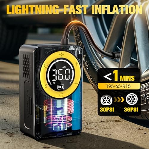 CARSUN Tire Inflator Portable Air Compressor, 150PSI Air Pump For Car Tires with Digital Pressure Gauge, LED Light and Auto Shut-Off Function Cordless Pump for Car, Motorcycle, Bicycle, Balls - Thumbnail 2