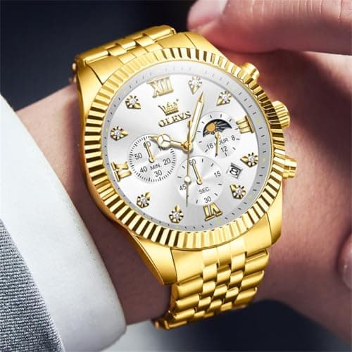 OLEVS Gold Watches for Men Luxury Large Dial Chronograph Gold Man Watch Waterproof Diamond Analog Quartz Nice Dress Watches Roman Numerals Relojes para Hombres - Thumbnail 3