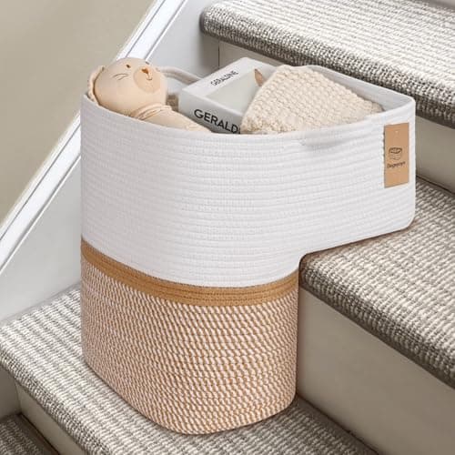 Degeyoyo Woven Stair Basket, Stair Baskets for Wooden Stairs, Carpeted Stairs Storage Basket with Handles, Staircase Baskets for Toys, Books, Yellow, 15” L x 10” W x 15” H - Image 1