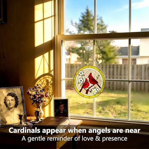 Cardinal Stained Glass Suncatcher for Window Hanging, Memorial Gift for Mom & Grandma, 8" Handcrafted Ripple Glass Red Cardinal, in Memory of Loved One, Mother's Day Keepsake - Thumbnail 6