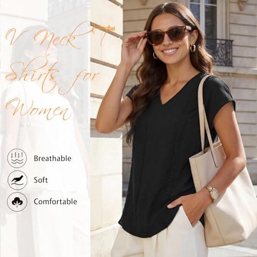 T Shirts for Women Womens V Neck Tops Summer Casual Blouses Dressy Lace Trim Short Sleeve Basic Tees Boho Fashion Black - Thumbnail 6