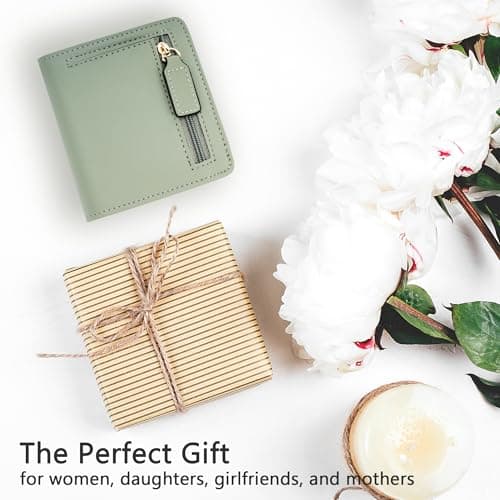 Gostwo Small Wallets Woman, Bifold Card Holder Rfid Wallet, Compact Luxury Genuine Leather Pocket Passport Wallet Ladies Girls Mini Purse Travel with ID Window, Access Green Blooming - Thumbnail 6