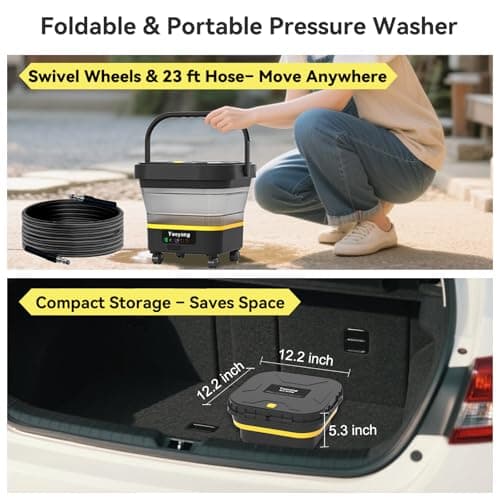 Portable Cordless Pressure Washer with Tank: 1200 PSI Foldable Power Washer – 3.4 Gal Tank, 7-Level Adjustable Sprayer & 360° Nozzle – Compact Electric Cleaner for Car, Garden, Patio, Camping(Yellow) - Thumbnail 5