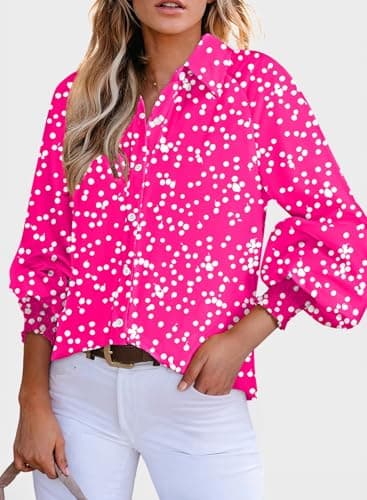 Dokotoo Womens Fall Tops for Women Long Sleeve Shirts 2026 Fashion Trendy Casual Dressy Fall Button Down Blouses T Shirts Allover Flower Print V Neck Business Work Tunic Bohemian Floral Top M Blue - Thumbnail 3