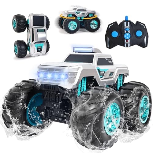 CARRTAN Waterproof Amphibious Remote Control Truck for Kids, Gyroscope Self-Balancing Monster Truck with Wheelie Stunts, LED Lights, All-Terrain RC Car for Boys Girls Ages 6–12, Outdoor Pool Toy Gift