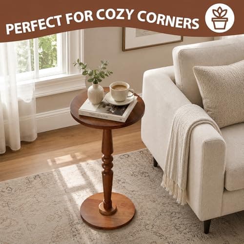 promitop Small Wooden Round Side Table - Accent Nightstand Pedestal Table for Living Room, Bedroom - Compact Coffee Table, Tea Table, Drink Table, End Table for Small Spaces, Corners, Office - Thumbnail 6