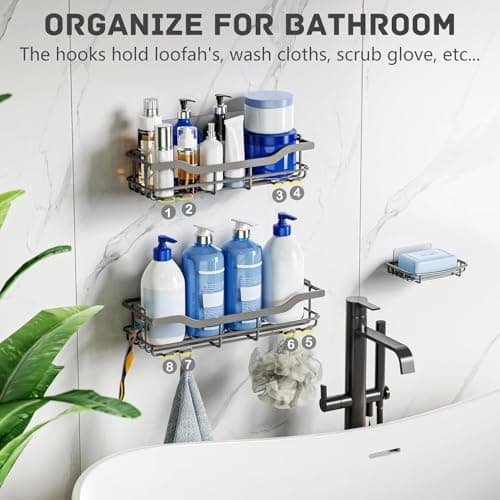 OMAIRA 3-Pack Shower Caddy with Soap Holder, Adhesive Rustproof No-drill Strudy Loading Inside Shower Organizer Shelves Rack Storage Bathroom Organization for Smooth Wall Glass Tile, Grey (X-Large) - Thumbnail 6