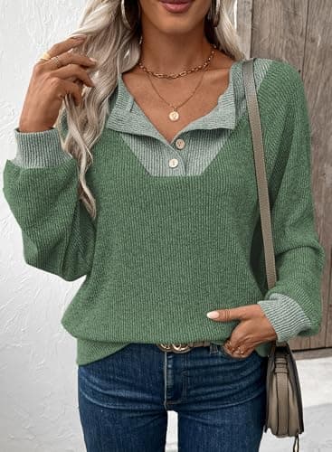 EVALESS Long Sleeve Shirts for Women Fall Clothes Casual Patchwork Button Up V Neck Oversized Sweatshirt Tops Mist Green X-Large - Thumbnail 3