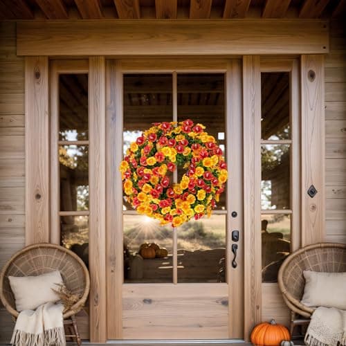20'' Wreaths for Front Door, Artificial Eucalyptus Leaves with Fake Silk Flowers for Spring Summer Outdoor Indoor Outside, Home Porch Wall Window Farmhouse Celebration (Orange Yellow) - Thumbnail 6