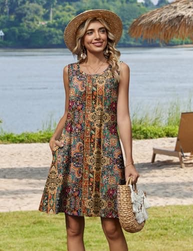Zeagoo Summer Dresses for Women 2025 Cute Petite Short Shift Dress Beach Vacation Casual Floral Sleeveless Tank Sundresses with Pockets Bohemian Boho Dresses - Thumbnail 3