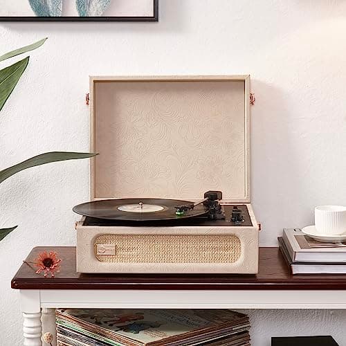 Arkrocket Coryphaeus Vinyl Record Player 3-Speed Bluetooth Input and Output Built-in Speakers with Magnetic Cartridge Auto Off (Flora Engraved) - Thumbnail 3