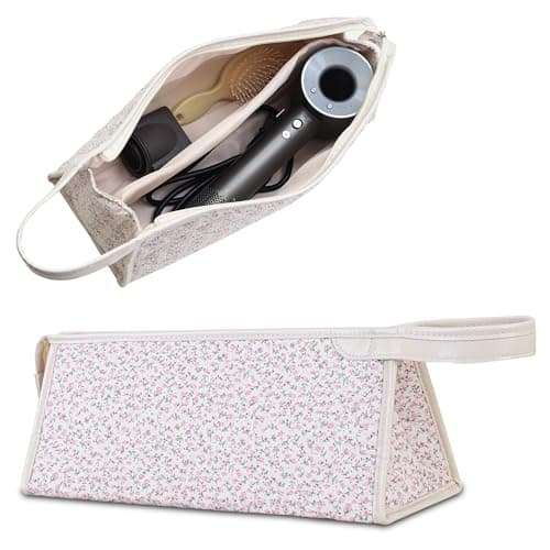 GISMTR Large Quilted Hair Tools Travel Bag, Cotton Floral Carrying Storage Bag for Hair Dryer and Attachments, Cute Portable Organizer with Handle