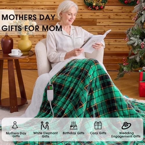 Green Heated Blanket Electric Throw 50X60, Heating Blanket for Couch, Plaid Sherpa Winter Blankets Warmer, 10 Levels & 8-Hour Auto Off, Fast Heated House Warming Gifts New Home Christmas Decor for Mom - Thumbnail 5
