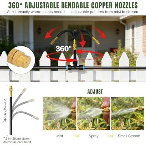 66FT Drip Irrigation System Kit Dual-Zone Garden Atomizing Watering System with 20 Copper 360° Adjustable Bendable Nozzles, Y-Splitter, Leak-Proof 1/4" Misting System for Garden Greenhouse Raised Beds - Thumbnail 2