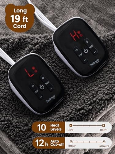 Bearhug Electric Blanket King Size with Dual Controls, 10 Heat Levels & 1-12H Auto Shut-Off, Fast Heating Soft Velvet to Sherpa Heated Blanket for Couples, Machine Washable, Gray - Thumbnail 3