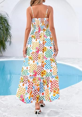 BTFBM Summer Dresses for Women 2026 Sundresses Sleeveless Spaghetti Strap Boho Beach Vacation Outfits Spring Maxi Dress(Floral Plaid Multicolored, Medium) - Thumbnail 3
