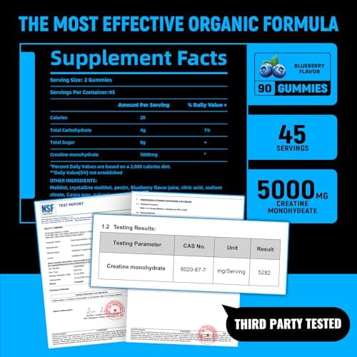 NSF Certified Creatine Gummy - Creatine Monohydrate Gummies 5g for Men & Women - Boost Focus,Strength, and Endurance, Vegan, Gluten-Free, Non-GMO, 2.5 Gram Creatine per Gummy (Blueberry 90 ct) - Thumbnail 3