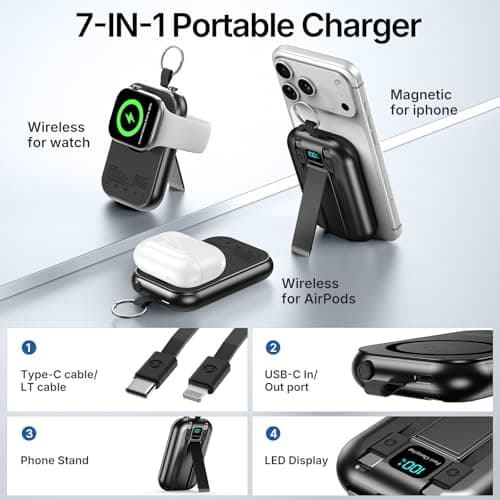RXRBDA for Magsafe Portable Charger, 10000mAh Wireless Power Bank with Built-in 2 Cables, USB C PD 22.5W Fast Charging Powerbank, Keychain Battery Pack with LED Display for iPhone, AirPods & iWatch - Thumbnail 2