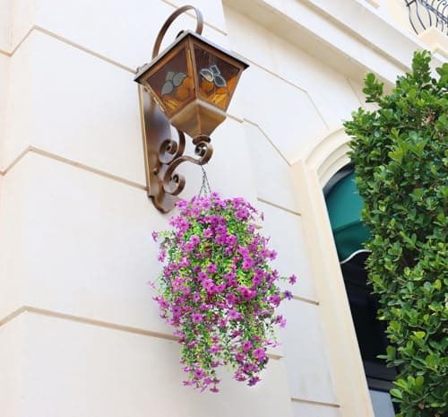 Obmnor Artificial Hanging Flowers for Outdoors, 4 Pack Fake Hanging Plant for Spring Summer Decor, UV Resistant Faux Silk Flower for Planter Porch Patio Balcony Yard Decoration (Light Purple) - Thumbnail 2