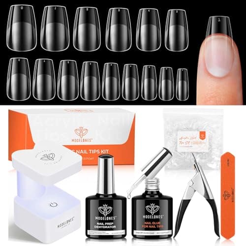 modelones X Nail Gel Kit Short Coffin,510Pcs Fake Nails 15Sizes, 9-in-One Glue Prep Dehydrator & Mini U V Light Clipper, Pre-shaped Half Matte Press on Short Coffin Tips for DIY Salon - Image 1