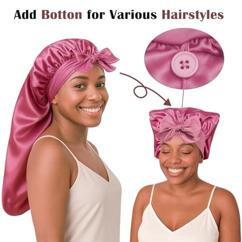 Women's Silky Bonnet - Long Tie Sleep Cap, Curly/Natural Hair, Adj. Night Hat, +10 Scrunchies, Mom/Wife - Thumbnail 2