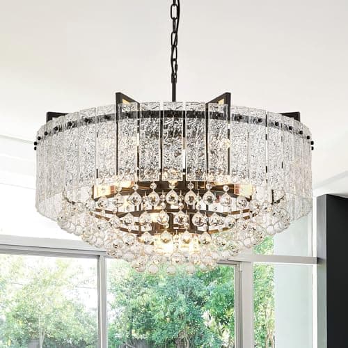 brfaixla 29.2" 16-Light Modern Glass Chandelier Light Fixtures Large Black 4-Tier Crystal Beads Chandeliers for Dining Room Round Hanging Ceiling Pendant Lighting for Bedroom Entryway Foyer Stairway