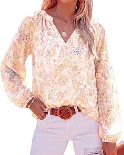 BTFBM Blouses for Women Dressy Casual Floral Summer Boho Tops V Neck Lightweight Long Sleeve Shirts Spring Clothes 2026(Floral Print Apricot, Small) - Image 1
