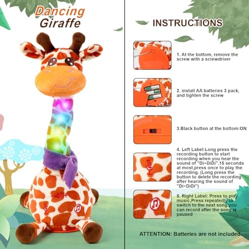 Dancing Talking Giraffe Toy for Baby Toddler, Dancing Giraffe Toy Singing Mimicking Recording Repeating What You Say with LED English Sing for Boys Girls Gift, 15 Second Recorde(Adjustable Volume) - Thumbnail 4