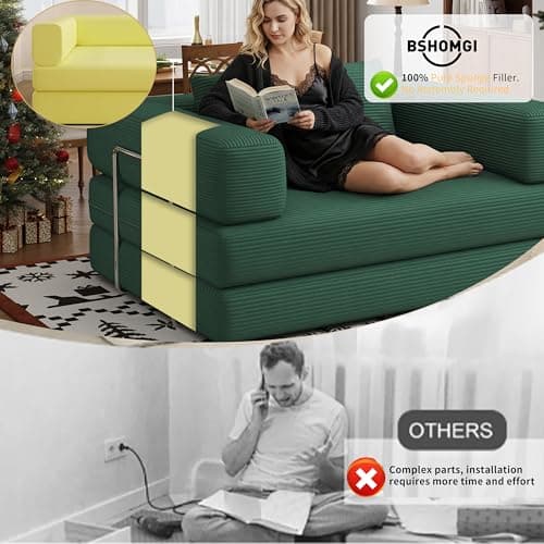 BSHOMGI Folding Sofa Bed Convertible Corduroy Couch Queen Size Floor Sleeper 4-in-1 DIY Combination Modular Lazy Sofas Fold Futon Lounge for Living Room (Green, 53.15" Double Sofa) - Thumbnail 6