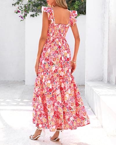 dowerme Summer Dresses for Women 2026 Casual Ruffle Smocked Tiered A-Line Boho Floral Maxi Beach Sun Dress with Pockets(Light Apricot Pink Flower,Small) - Thumbnail 5