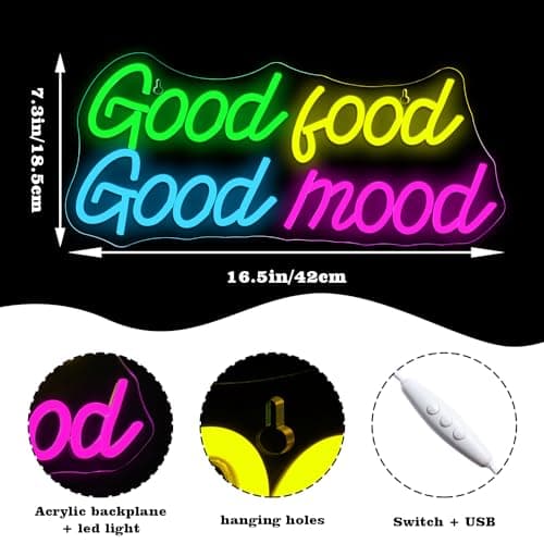 Looklight Good Food Good Mood Neon Sign Letter Neon Signs for Wall Decor Colorful Led Lights for Kitchen Fast Food Shop Cafe Restaurant Store Snack Shop Room Decorations Gifts - Thumbnail 2