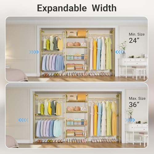 Timate X3 Expandable Heavy Duty Clothes Rack Wall Mounted Clothing Rack for Hanging Clothes, Industrial Pipe Closet System for Walk in Closet Kit, Wall Mount Clothes Rack with Basket, Gold Wall Closet - Thumbnail 3